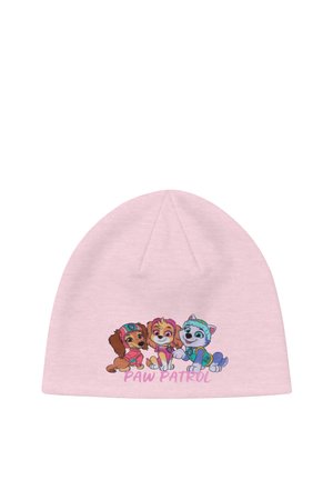 Light pink beanie featuring three colorful cartoon puppies from Paw Patrol smiling and sitting, with "PAW PATROL" text below them.