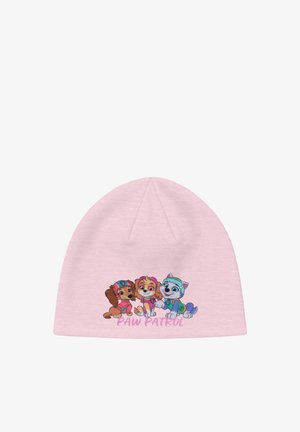 Light pink beanie featuring three colorful cartoon puppies from Paw Patrol smiling and sitting, with "PAW PATROL" text below them.