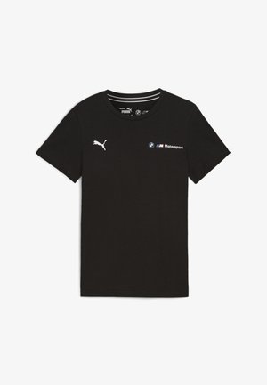 Schwarzes Baumwoll-T-Shirt mit Rundhalsausschnitt, das ein weißes Puma-Logo und BMW Motorsport-Branding auf der Vorderseite zeigt. Mit kurzen Ärmeln.