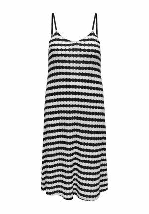Vestito senza maniche a righe orizzontali bianche e nere con sottili spalline nere regolabili e orlo leggermente svasato.