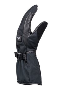 Gants noirs avec une paume en cuir et un extérieur en tissu, dotés d'une sangle à boucle pour l'ajustement et d'un détail de logo au poignet.