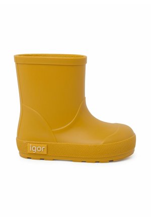 Botte de pluie en caoutchouc jaune avec un bout arrondi, surface lisse, semelle texturée et logo sur le côté ; design court avec un haut ajusté.