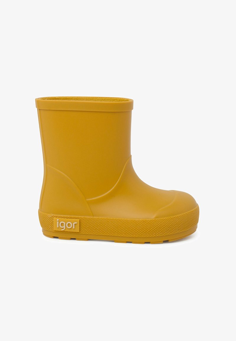 Botte de pluie en caoutchouc jaune avec un bout arrondi, surface lisse, semelle texturée et logo sur le côté ; design court avec un haut ajusté.