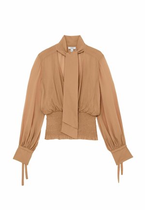 Bluză bej cu mâneci lungi, talie adunată, manșete largi cu șnururi, decolteu adânc în V și detaliu cu cravată atașată la gât.