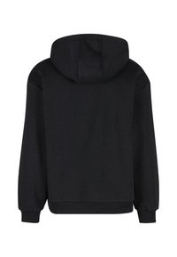 Felpa nera con una texture morbida, dotata di un cappuccio ampio e polsini a costine. Design semplice e minimalista, senza loghi o motivi visibili.