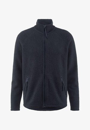Fleecejacke in dunkelblau mit durchgehendem Reißverschluss, hohem Kragen und zwei seitlichen Reißverschlusstaschen. Sie zeichnet sich durch eine weiche, strukturierte Oberfläche und Raglanärmel aus.