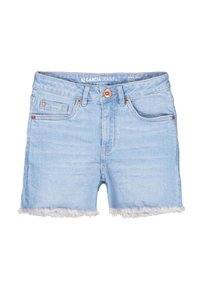 Shorts en denim bleu clair à coupe ajustée, avec un ourlet effiloché, quatre poches et un détail en bouton cuivré à la taille.