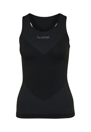 Canotta sportiva nera senza maniche con design senza cuciture e logo "hummel" sul petto, con dettagli a motivo a V testurizzati.