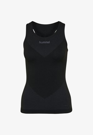 Canotta sportiva nera senza maniche con design senza cuciture e logo "hummel" sul petto, con dettagli a motivo a V testurizzati.