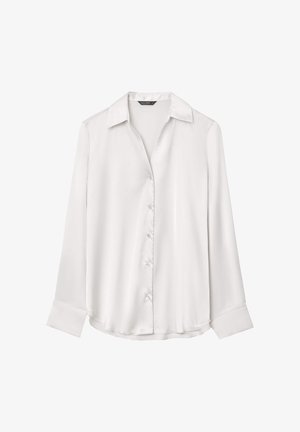 Weißes Langarmhemd mit Knöpfen aus glattem, glänzendem Stoff. Es hat einen spitzen Kragen, sichtbare Knöpfe und einen dezent abgerundeten Saum.