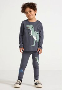 Grå bluse med lange ærmer og et grønt dinosaurmotiv på forsiden; matchende grå leggings med et dinosaurtryk på benet.