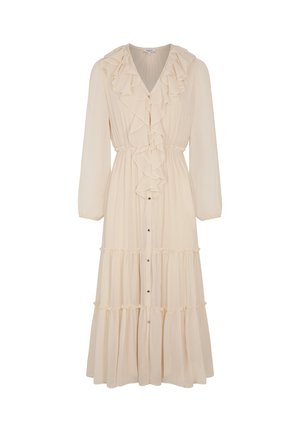 Longue robe crème à manches longues, jupe à volants, fermeture boutonnée sur le devant, encolure en V, avec des détails à volants le long de l'encolure et du rabat frontal.