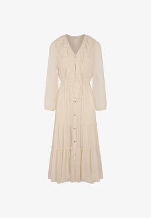 Vestido largo color crema con mangas largas, falda en capas, cierre de botones en la parte delantera, escote en v y detalles de volantes a lo largo del escote y la tapeta frontal.