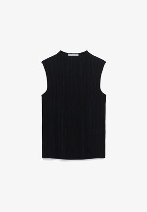 Top nero senza maniche realizzato in tessuto strutturato con righe verticali. Presenta un collo alto e un taglio dritto.