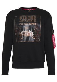 Sudadera negra con un gráfico del módulo de aterrizaje Viking de Marte, con texto en naranja y blanco. Incluye un bolsillo con cremallera y un detalle de etiqueta roja.