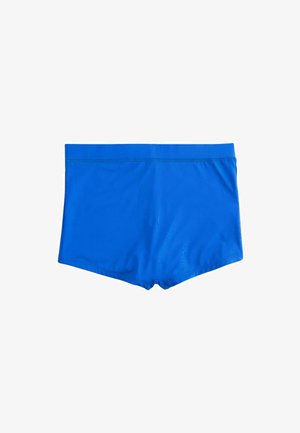 Shorts de bain bleus en tissu léger, présentant une texture lisse, une taille élastique et un design simple sans motifs ni accents.