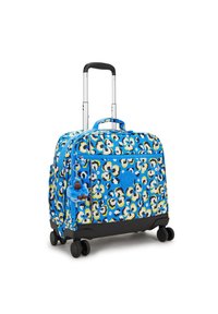 Valigia a rotelle con motivo floreale blu e base nera, manico estensibile e quattro ruote. Include un accessorio portachiavi in peluche blu.
