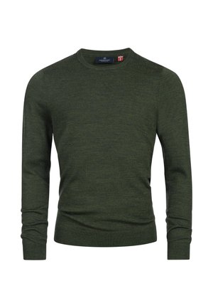 Pulover verde cu gât rotund, fabricat dintr-un material tricotat moale. Dispune de mâneci lungi și manșete cu nervuri. Design simplu, fără modele sau logo-uri.