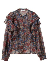 Blouse transparente à manches longues avec des détails en volants superposés, motif floral et cachemire dans des tons rouges, bleus et beiges, fermeture à boutons sur le devant.