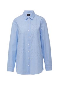 Blau-weißer, gestreifter Button-Up-Hemd mit langen Ärmeln, vertikaler dekorativer Naht und klassischem Kragen.