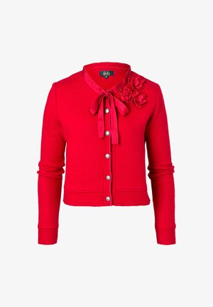 Red, button-up cardigan made of soft fabric, featuring a satin tie at the collar and floral accents on the left side. Long sleeves.