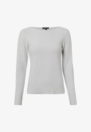 Lichtgrijs, gebreide trui met lange mouwen en een boothals, gemaakt van fijn gestructureerde stof, weergegeven op een witte achtergrond.