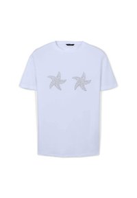 T-shirt bianco in cotone con due design di stelle marine decorati con piccoli borchie d'argento, scollo rotondo e maniche corte.