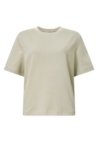 T-shirt in cotone beige chiaro con maniche corte, scollatura rotonda, vestibilità comoda e piccolo logo in rilievo sul petto. Texture liscia.