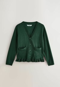 Grön stickad cardigan med V-ringning, två framsidor med fickor och rosett detaljer, samt en volangkant. Har knäppning med knappar och ribbade ärmslut.