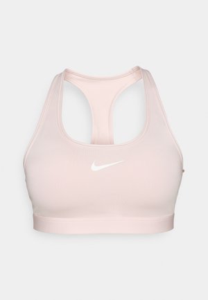 Nike spordirinnahoidja helesinises riides, millel on racerback disain ja valge logo ees. Sile tekstuur, ilma nähtavate kinnitusteta.