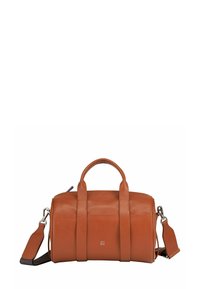 Borsa da viaggio in pelle marrone con manici doppi, tracolla regolabile e dettagli in metallo argentato. Texture liscia e design arrotondato.