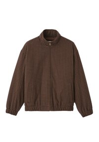Veste zippée à carreaux marron avec col montant, poignets élastiques et poches latérales ; fabriquée en tissu tissé avec une surface texturée.