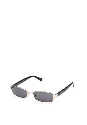 Sunglasses with rectangular gray lenses, thin black plastic arms, and a gold accent on the rim. Lightweight design for comfortable wear.