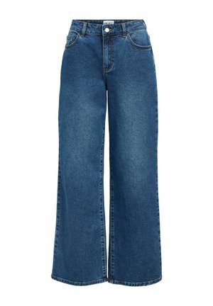 Plašu staru džinsi vidēja toņa zili izmazgātā džinsa audumā, ar pogu aizdari, jostas cilpām un priekšējām kabatām, gludā tekstūrā.