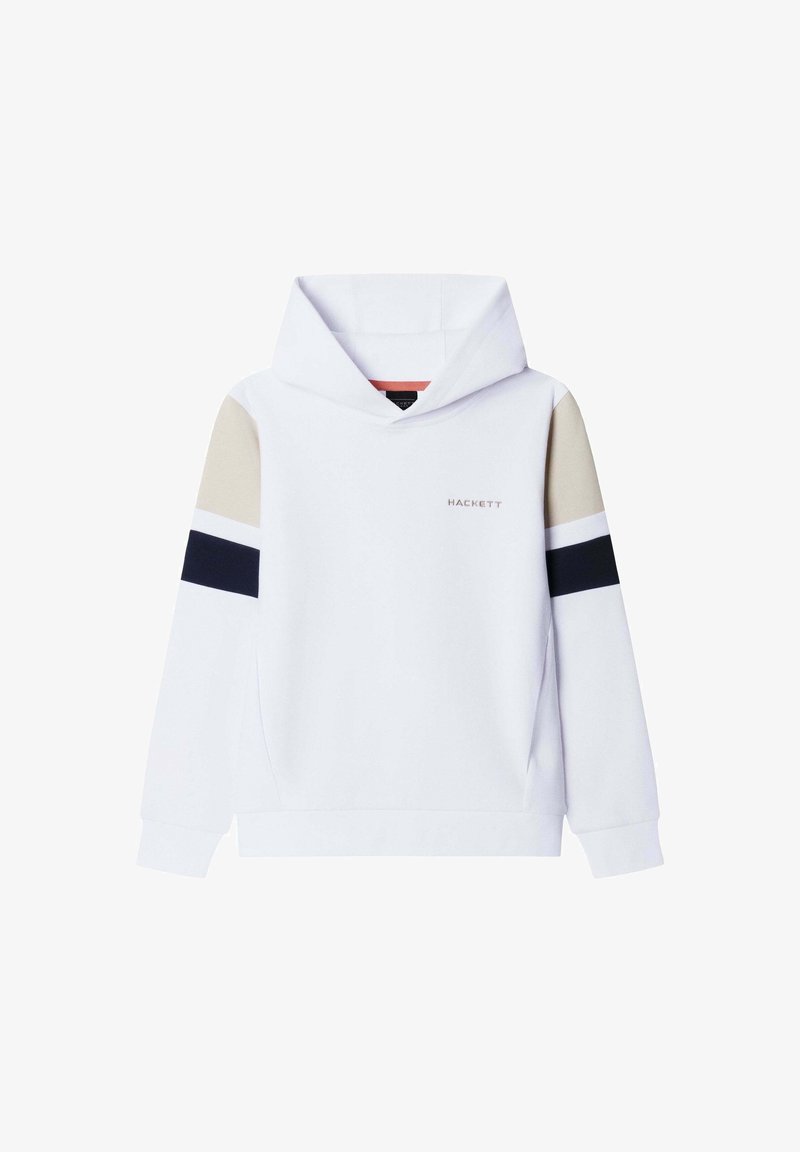 Sweat à capuche blanc avec des blocs de couleur beige et noir sur les manches et le logo "HACKETT" sur la poitrine, vue de face sur fond blanc.