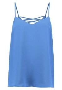 Blå satin cami med tunna band och ett kors-design vid halslinjen. Slät textur, lös passform och rak fåll.