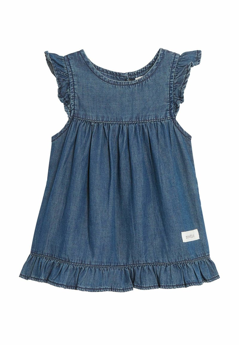 Denim jurk met rimpel mouwen, ronde halslijn, elastische tailleband, uitlopende rok en een geraffineerde zoom. Bevat een klein label aan de onderkant.