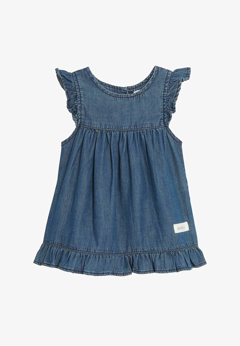 Robe en denim avec des manches volantées, encolure ronde, taille élastique, jupe évasée et ourlet froncé. Présente une petite étiquette en bas.