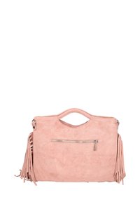 Borsa in suede di colore rosa chiaro con una finitura testurizzata. Presenta una tasca frontale con zip e lunghe frange sui lati.