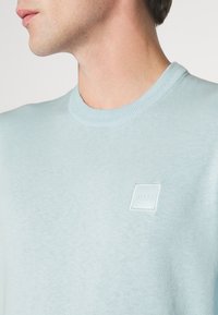 Jasnoniebieski sweatshirt z okrągłym dekoltem, wykonany z miękkiego materiału. Posiada małe wytłoczone logo na piersi oraz ściągacz w dekolcie. Gładka tekstura.