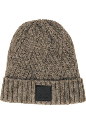 Brown knitted beanie with folded ribbed cuff and a black rectangular patch labeled "Whistler" on the front.