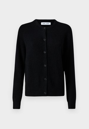 Zwarte gebreide cardigan met ronde halslijn, bediening met knopen aan de voorkant, lange mouwen, geribde manchetten en zoom, gemaakt van zachte wolstof.