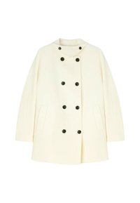 Cappotto di lana color crema con design doppiopetto, bottoni neri e taglio ampio con tasche laterali. Tessuto morbido e testurizzato.
