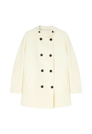 Cappotto di lana color crema con design doppiopetto, bottoni neri e taglio ampio con tasche laterali. Tessuto morbido e testurizzato.