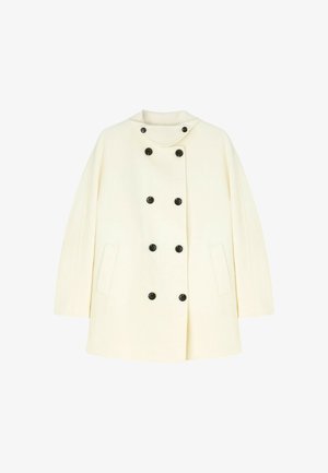 Crème kleurige wollen jas met een dubbelknops ontwerp, zwarte knopen en een ruime snit met zijzakken. Zachte, gestructureerde stof.