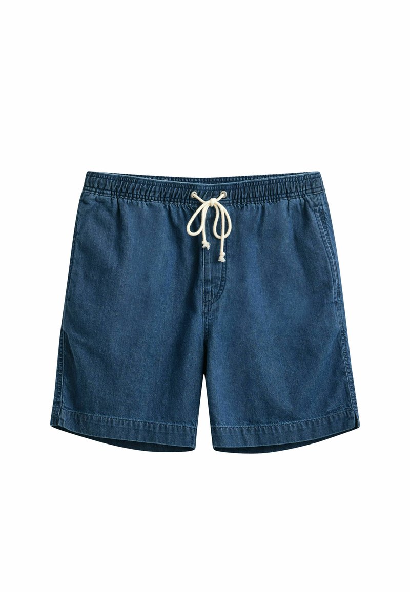 Pantaloncini in denim blu scuro con vita elastica e coulisse bianca, dotati di tasche laterali e orlo dritto.