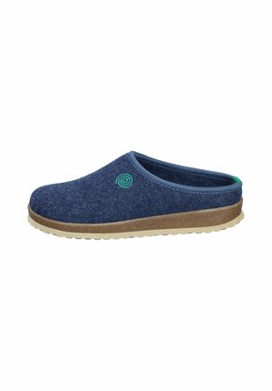 Wollfilzschuh in Marineblau mit einer Gummisohle. Enthält einen kreisförmigen grünen Akzent. Rutschdesign mit einem gepolsterten Kragen für zusätzlichen Komfort.