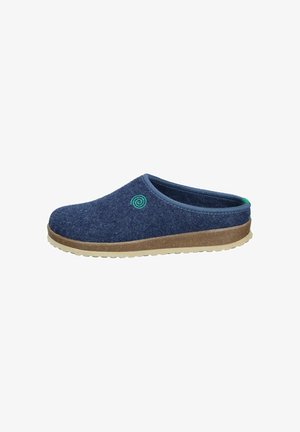 Wool felt slipper in navy blue with a rubber sole. Features a circular green accent. Slip-on design with a cushioned collar for comfort.