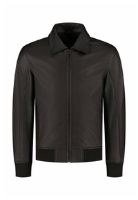 Black leather jacket with a zip front, collar, and ribbed cuffs. Smooth texture and tailored design with two side pockets.