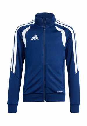 Granatowa bluza sportowa Adidas z białymi paskami na rękawach, białym logo na piersi, pełnym zamkiem błyskawicznym z przodu i oznaczeniem Climacool w pobliżu brzegu.